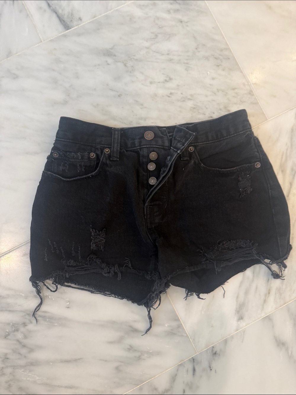 Free People Black Distressed Button-Front Denim Shorts